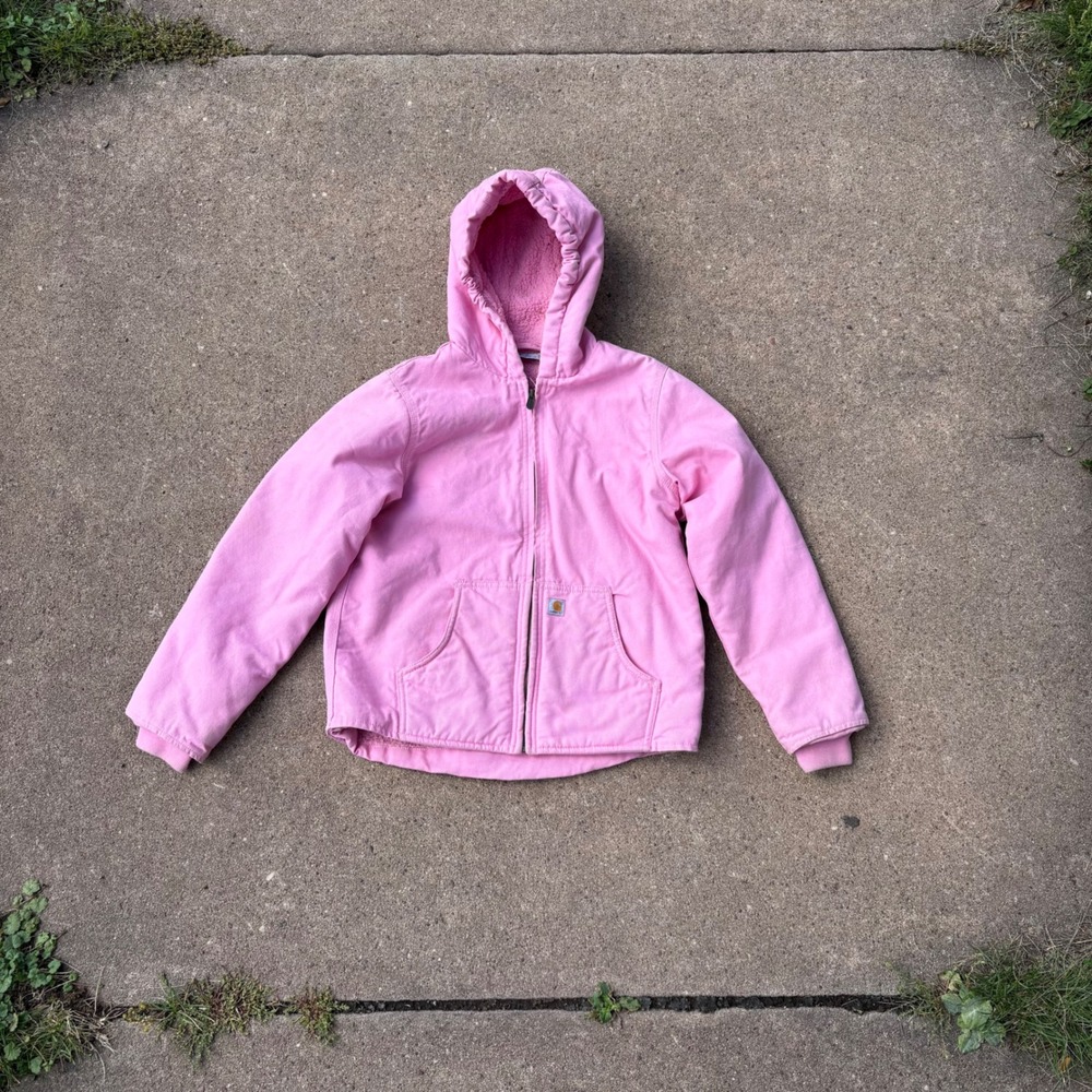 Carhartt Kids Pink Sherpa Lined Canvas Active Jacket Hooded Coat Medium 10-12